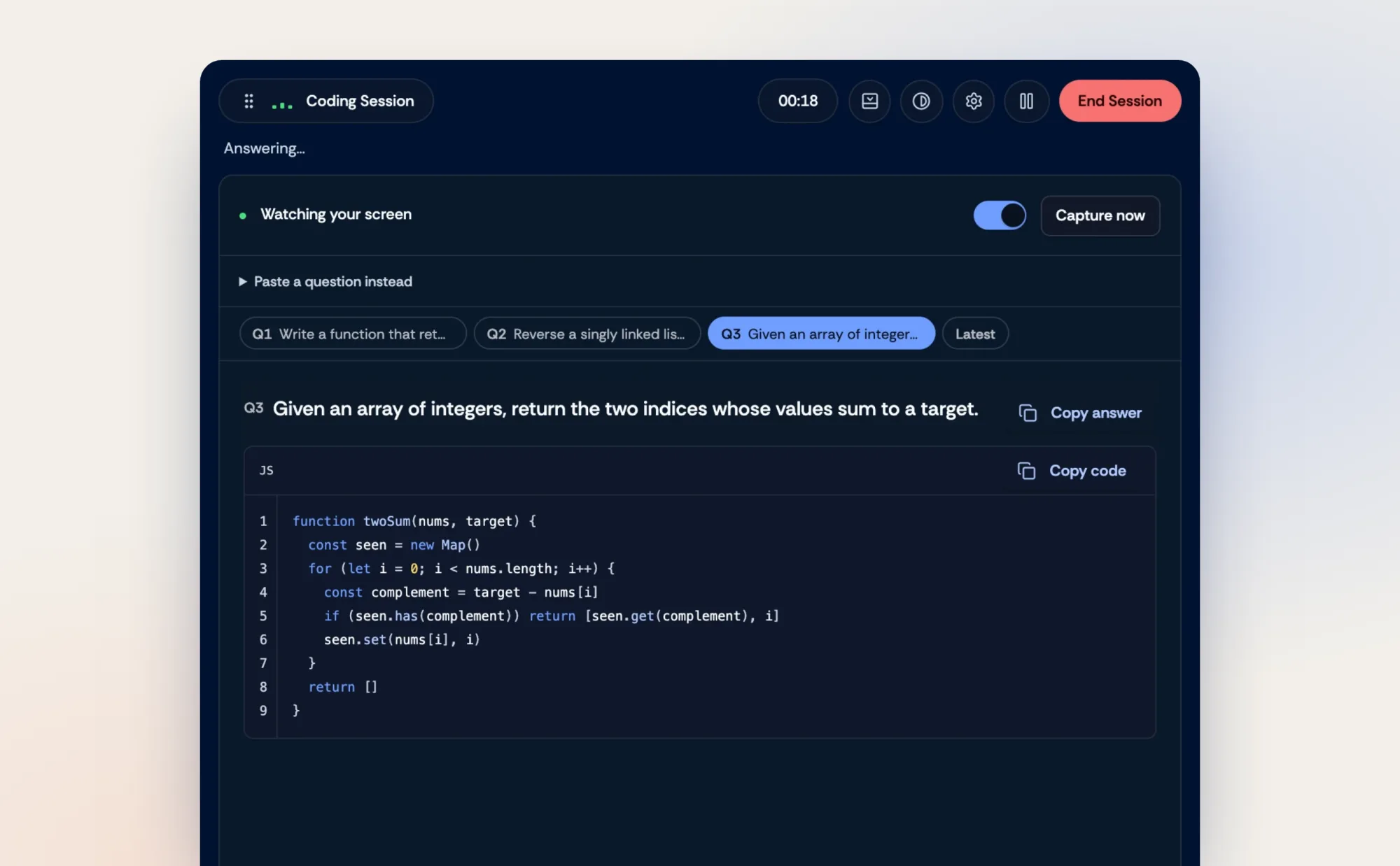 One tab per question, code ready to copy.